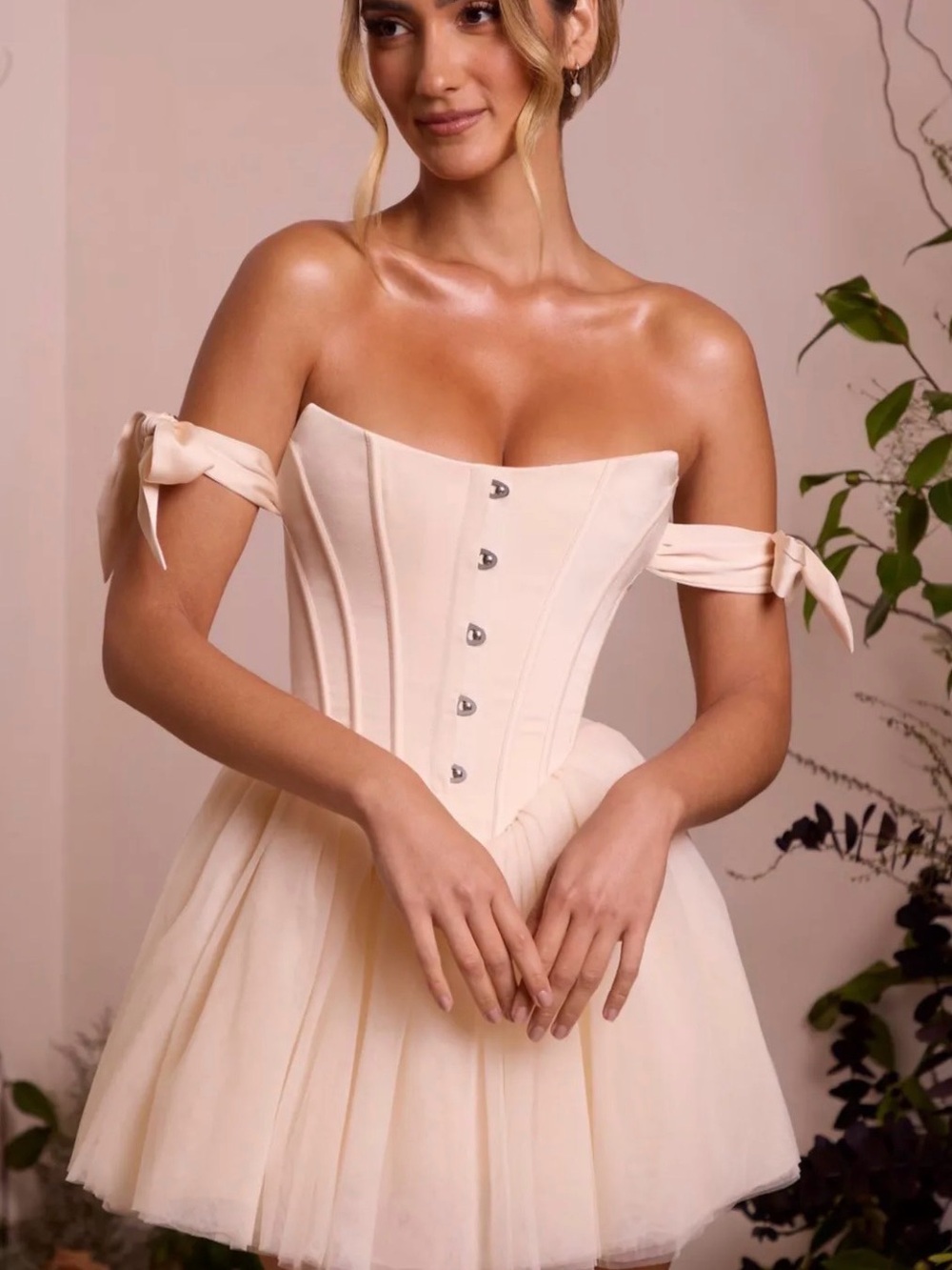 Oh Polly Cream Off-Shoulder Corset Tulle Mini Dress